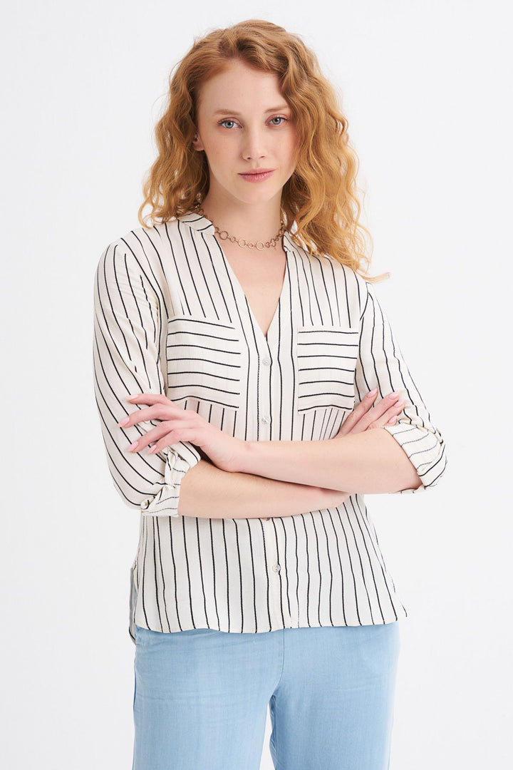 Çizgili Cepli Keten Gömlek Siyah