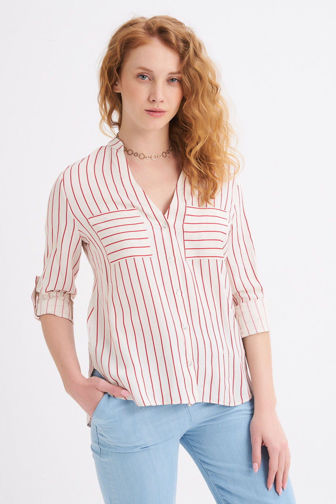 Çizgili Cepli Keten Gömlek Kırmızı