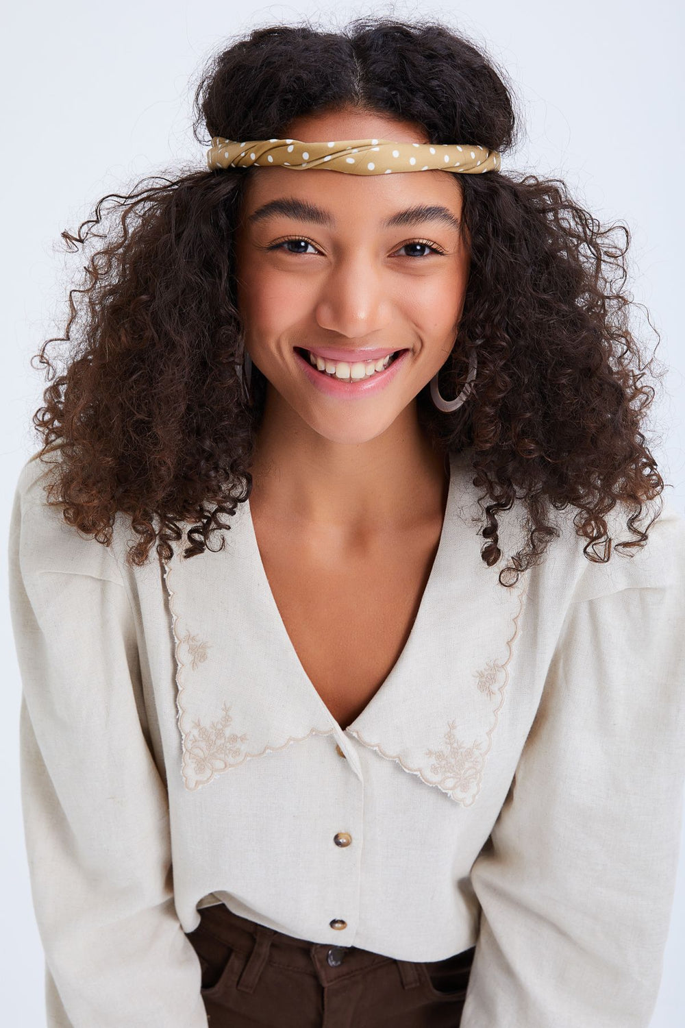 Embroidered Collar Padded Linen Shirt Natural