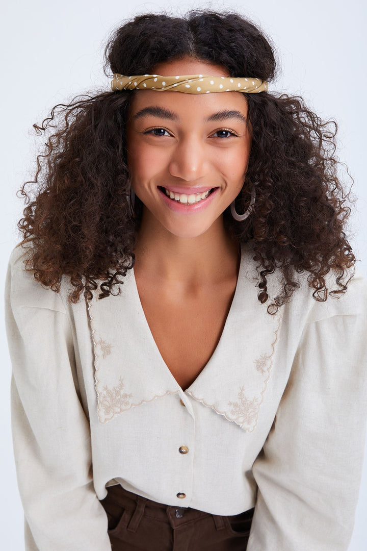 Embroidered Collar Padded Linen Shirt Natural