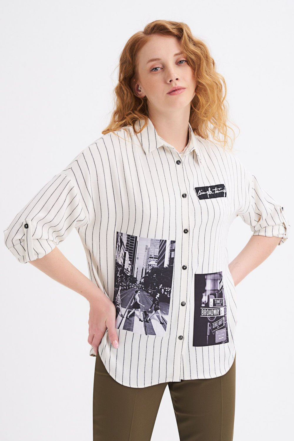 Embroidery Detailed Printed Striped Shirt Ecru