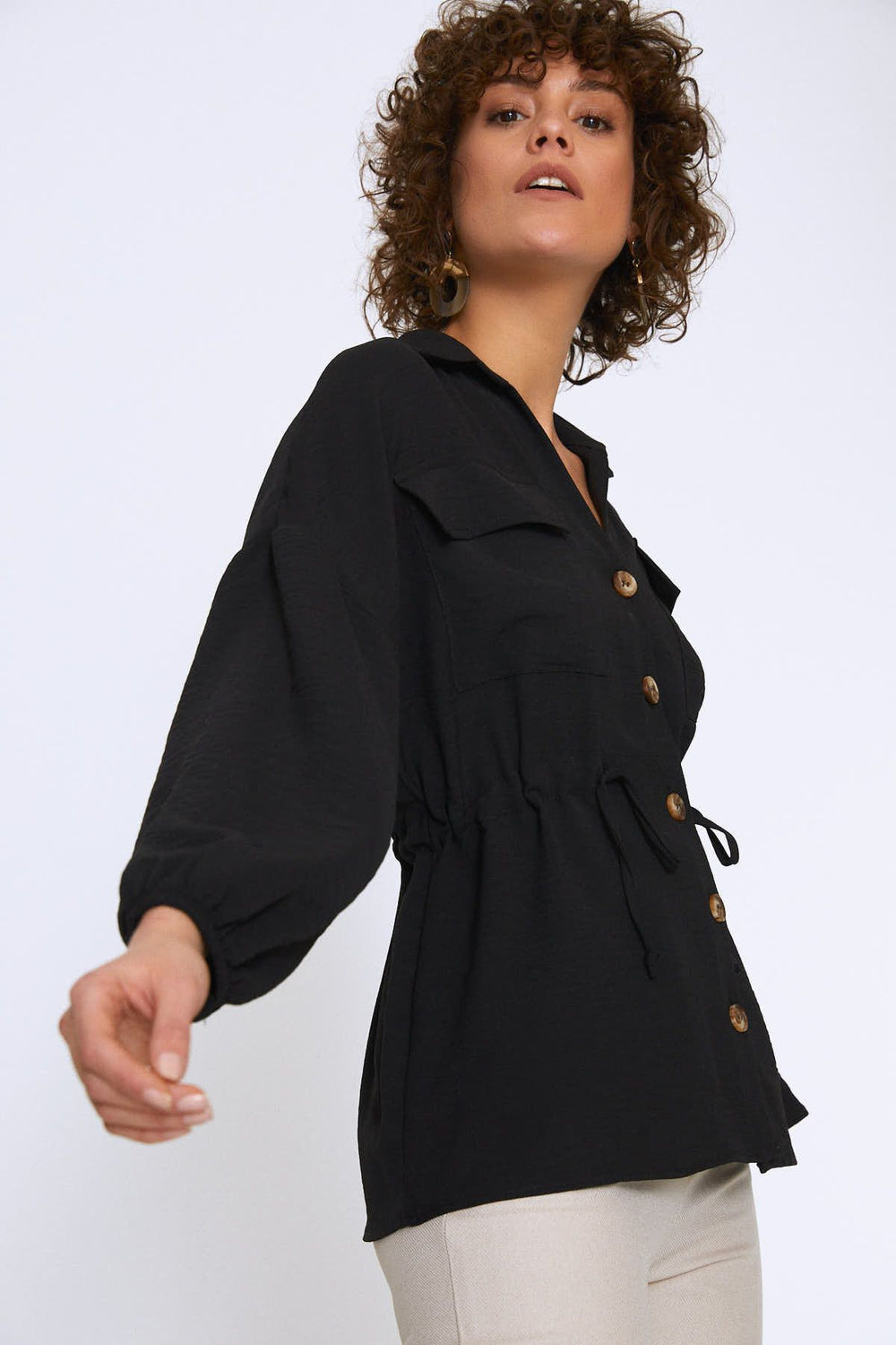 Tie Waist Pocket Shirt Black