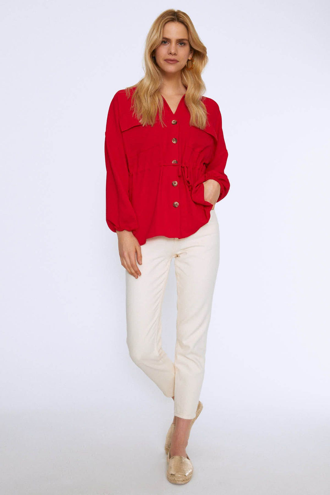 Tie Waist Pocket Shirt Red