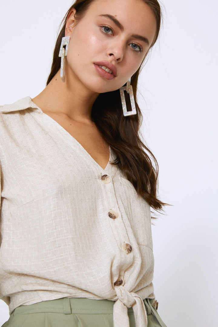 Truvakar Kol Beli Bağlamalı Keten Gömlek Naturel