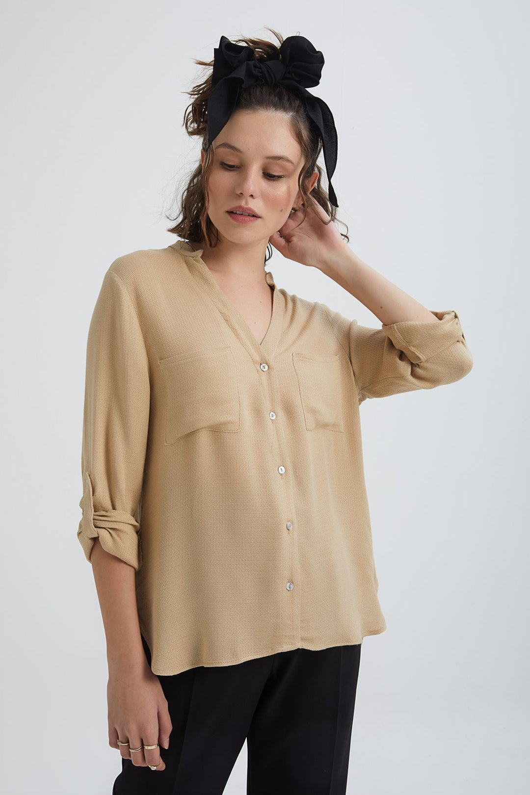 Three Quarter Sleeve Linen Shirt Beige