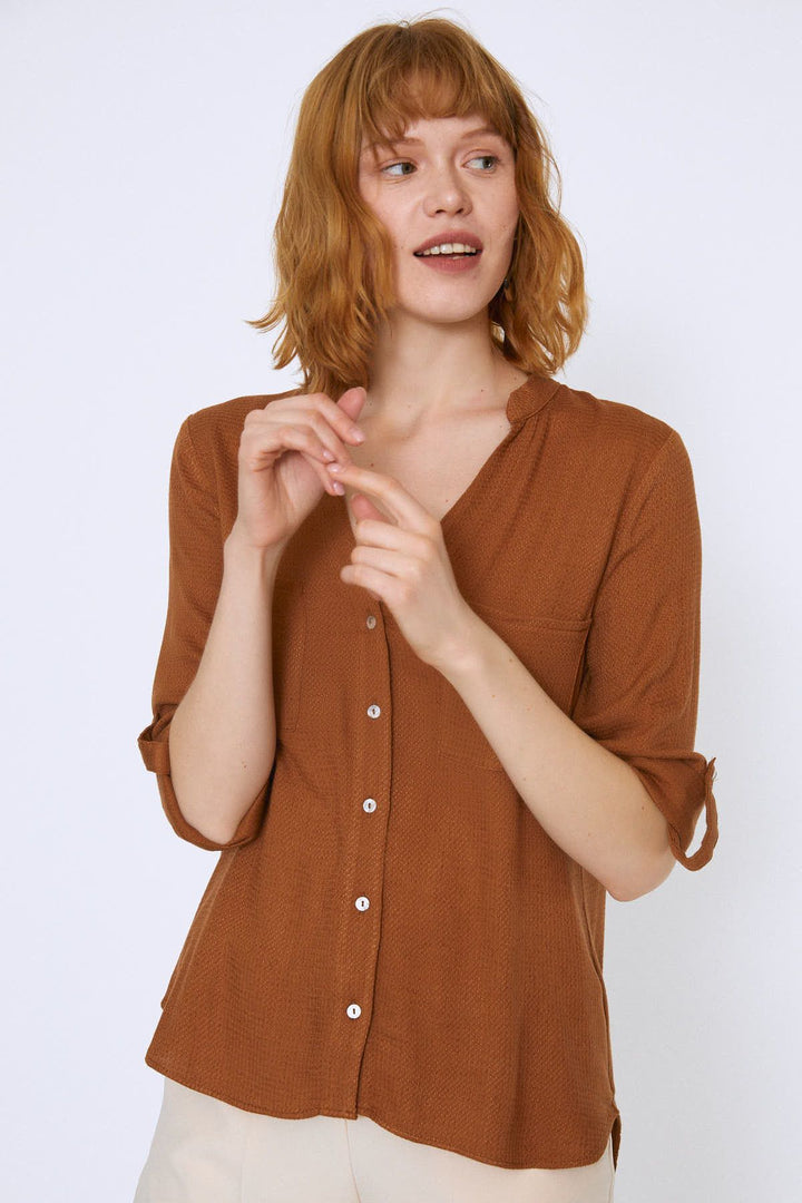 Three Quarter Sleeve Linen Shirt Brown