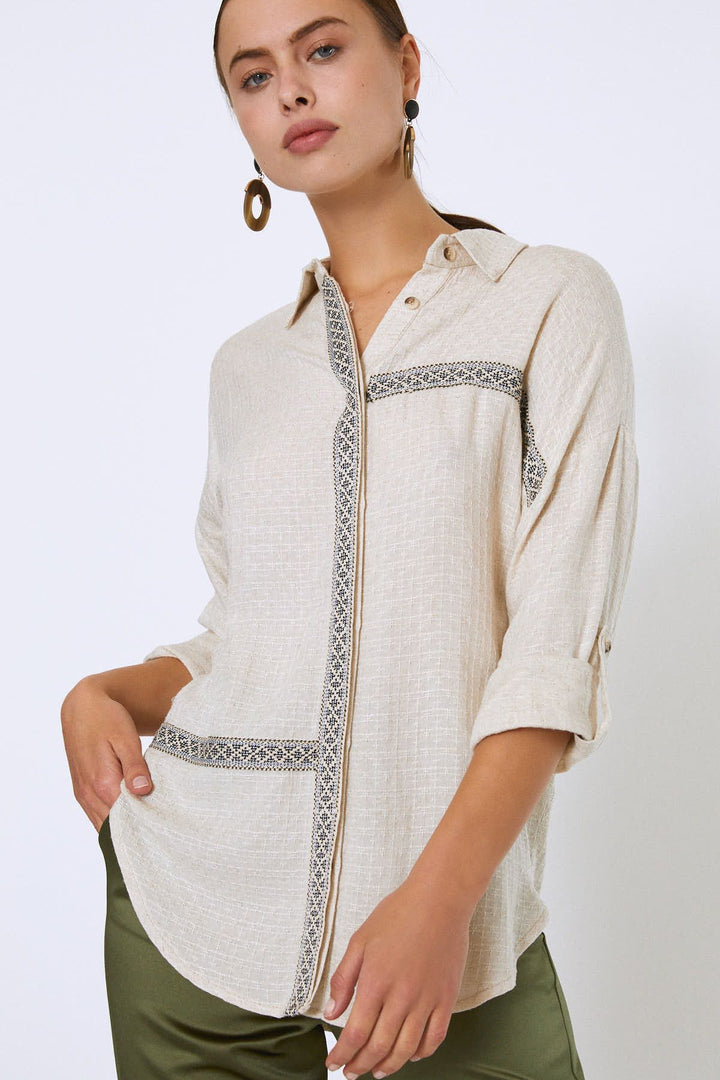 Şerit Detaylı Keten Gömlek Naturel