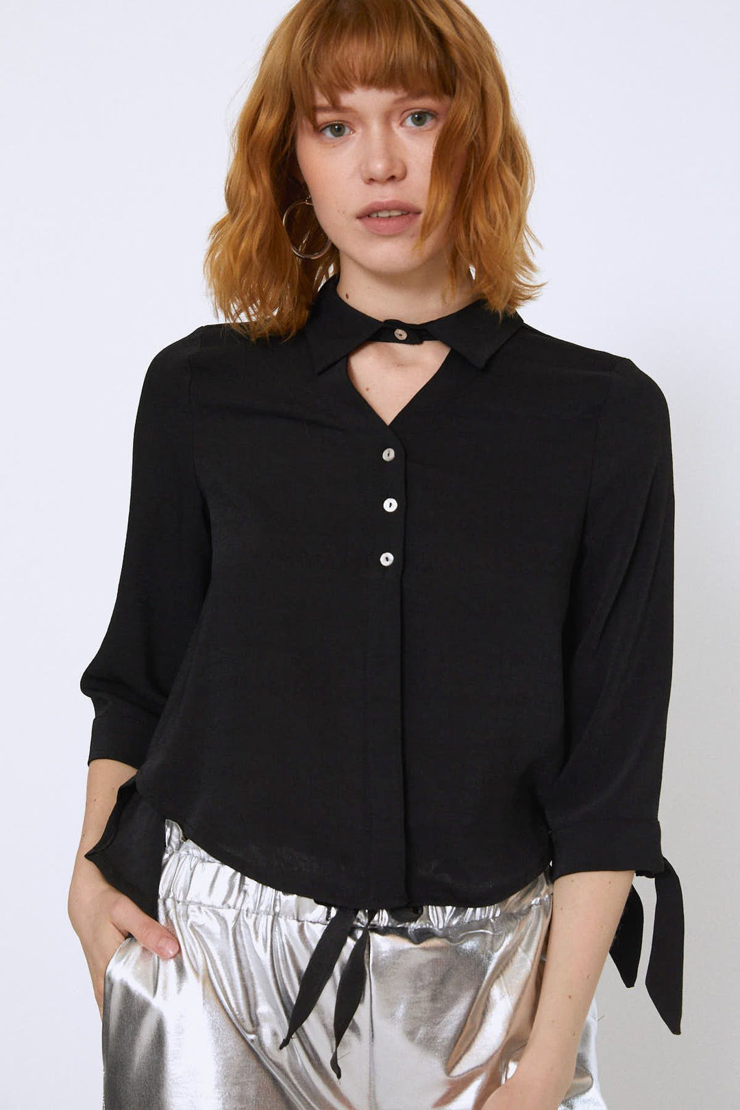 V-Neck Shirt with Tied Sleeves Black