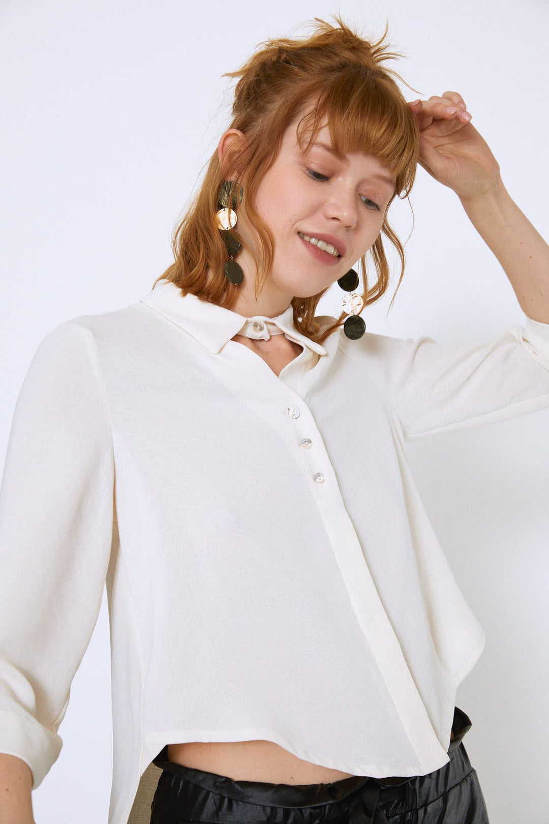 V-Neck Shirt with Tied Sleeves Ecru
