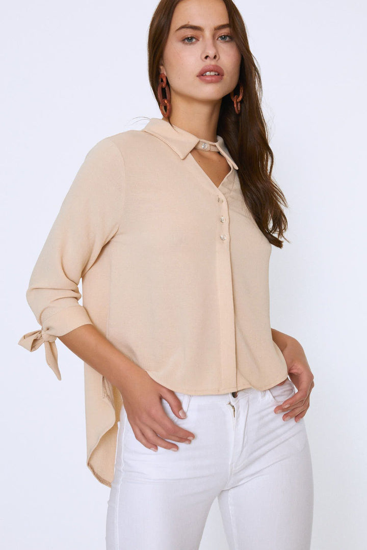 V-Neck Shirt with Tied Sleeves Stone