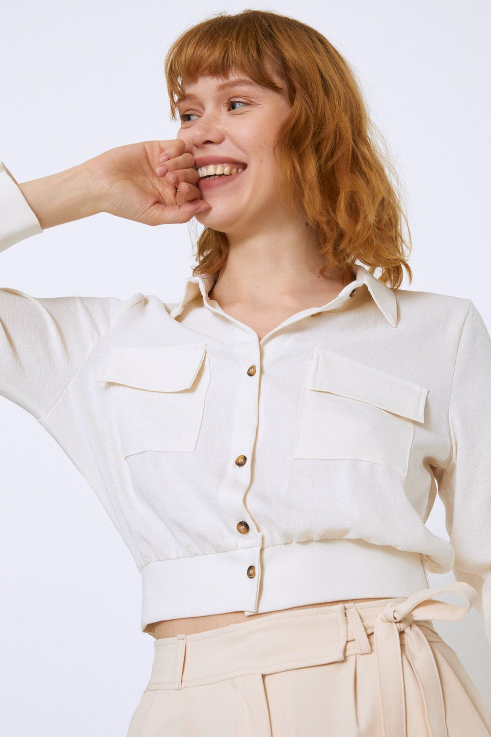 Waist Belted Pocket Shirt Ecru