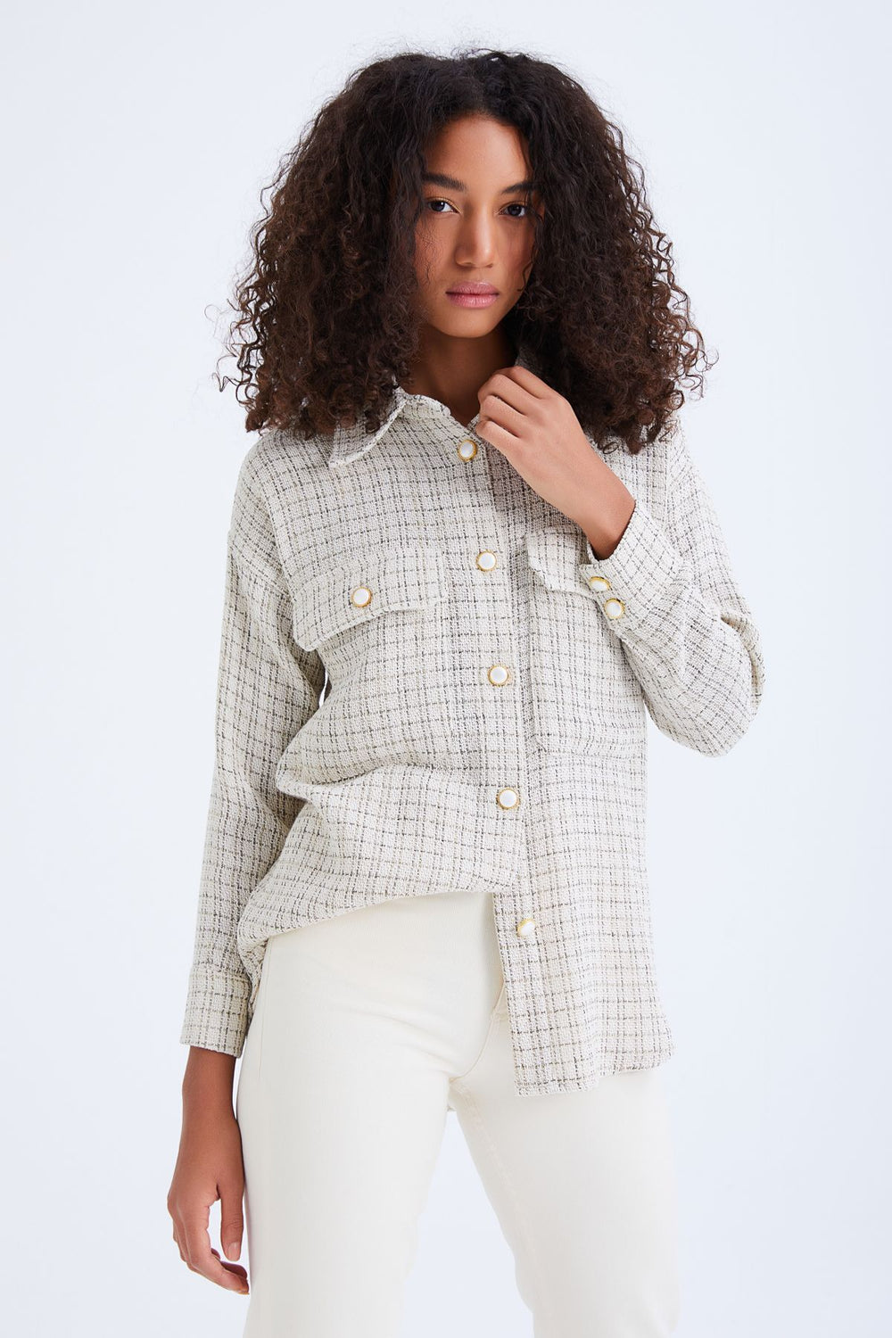 Pocket Buttoned Tweed Shirt Ecru