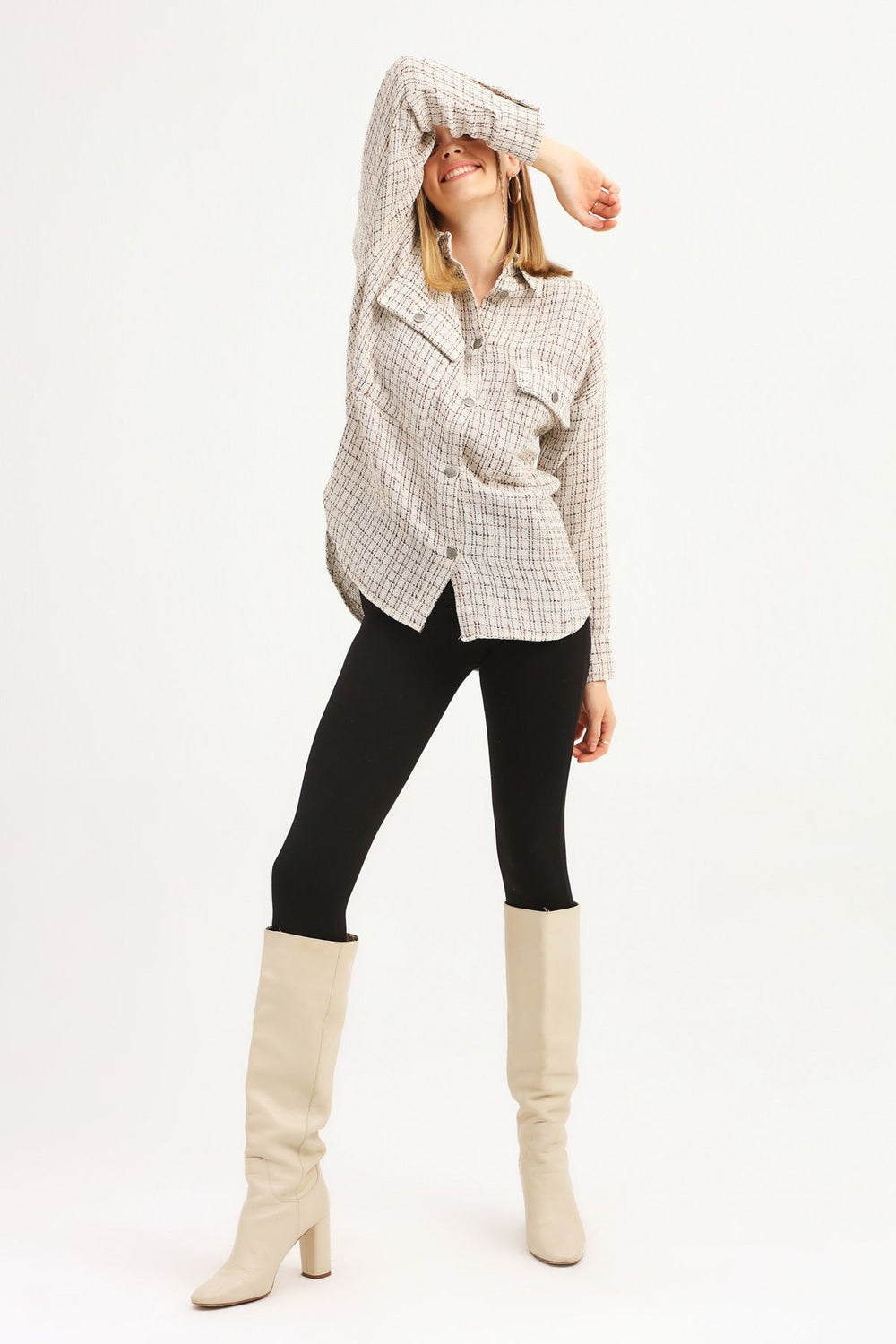 Pocket Buttoned Tweed Shirt Brown