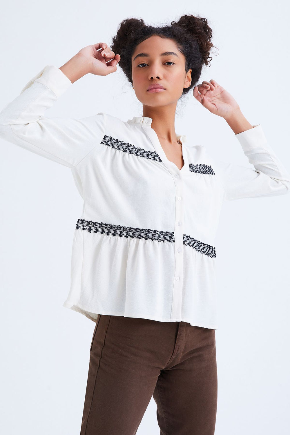 V-Neck Ruffled Striped Shirt Ecru