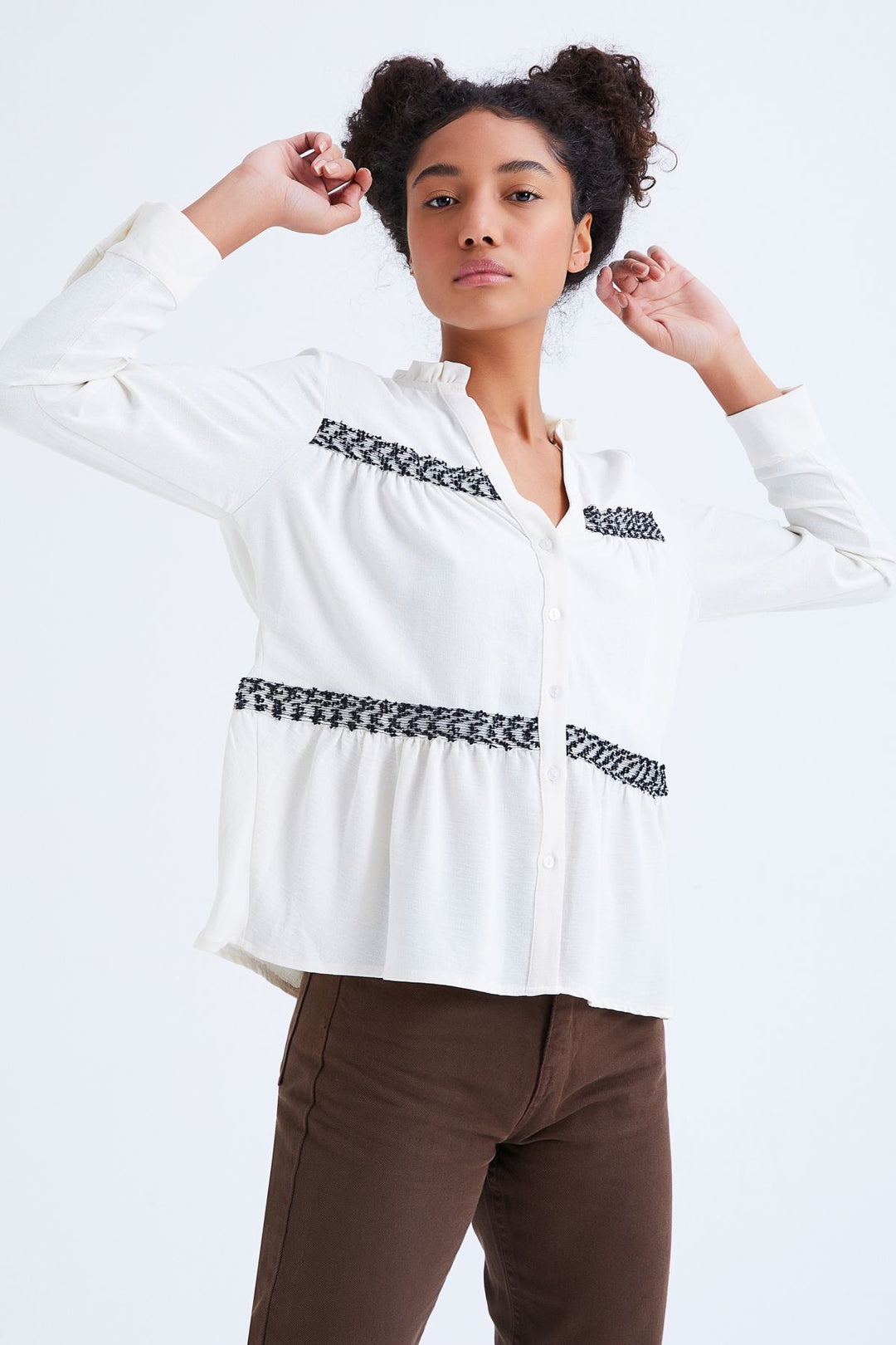 V-Neck Ruffled Striped Shirt Ecru