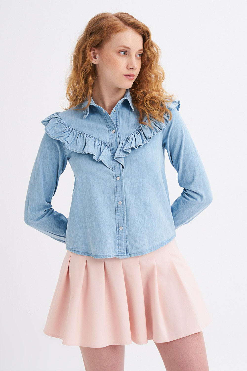 Fırfır Detaylı Kot Gömlek Mavi