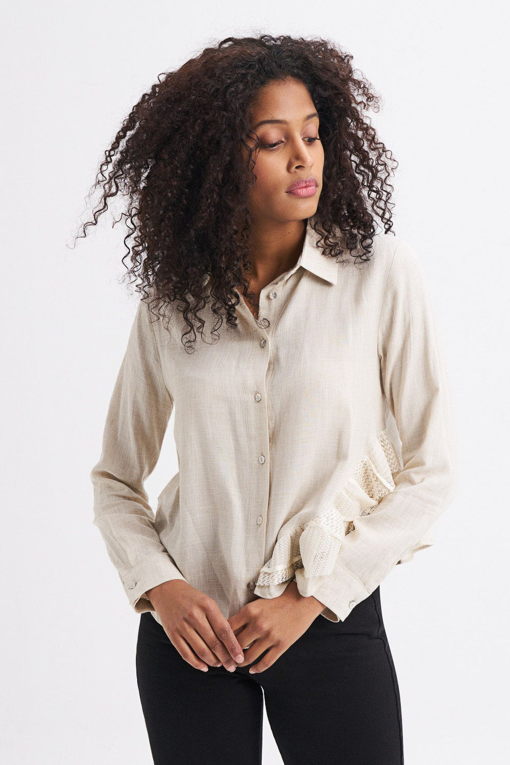 Back Embroidered Ruffle Linen Shirt Natural