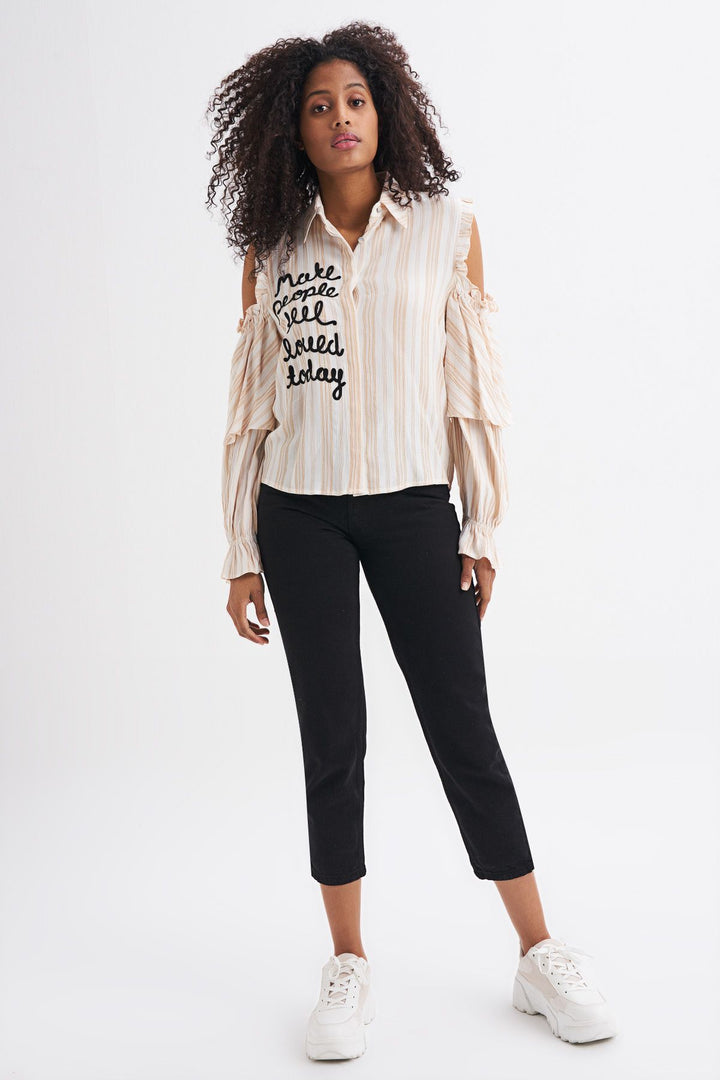 Embroidery Detailed Striped Off Shoulder Shirt Beige