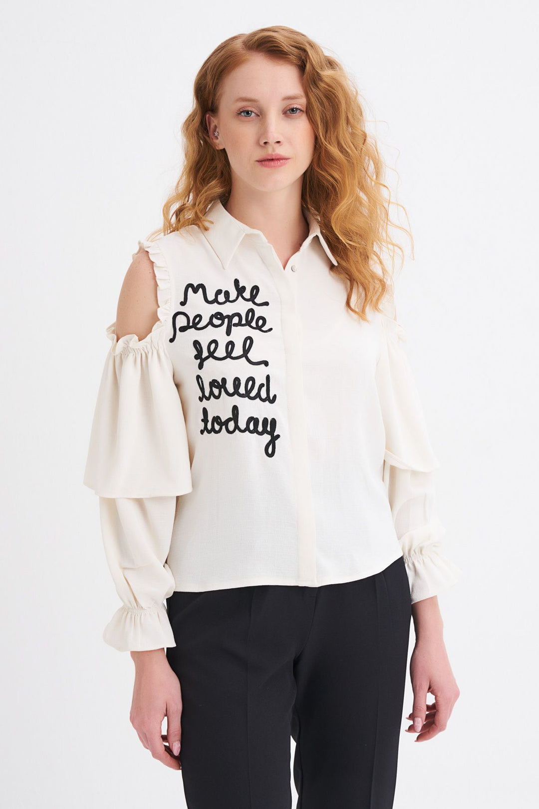 Embroidered Ruffle Detailed Off-Shoulder Shirt Ecru