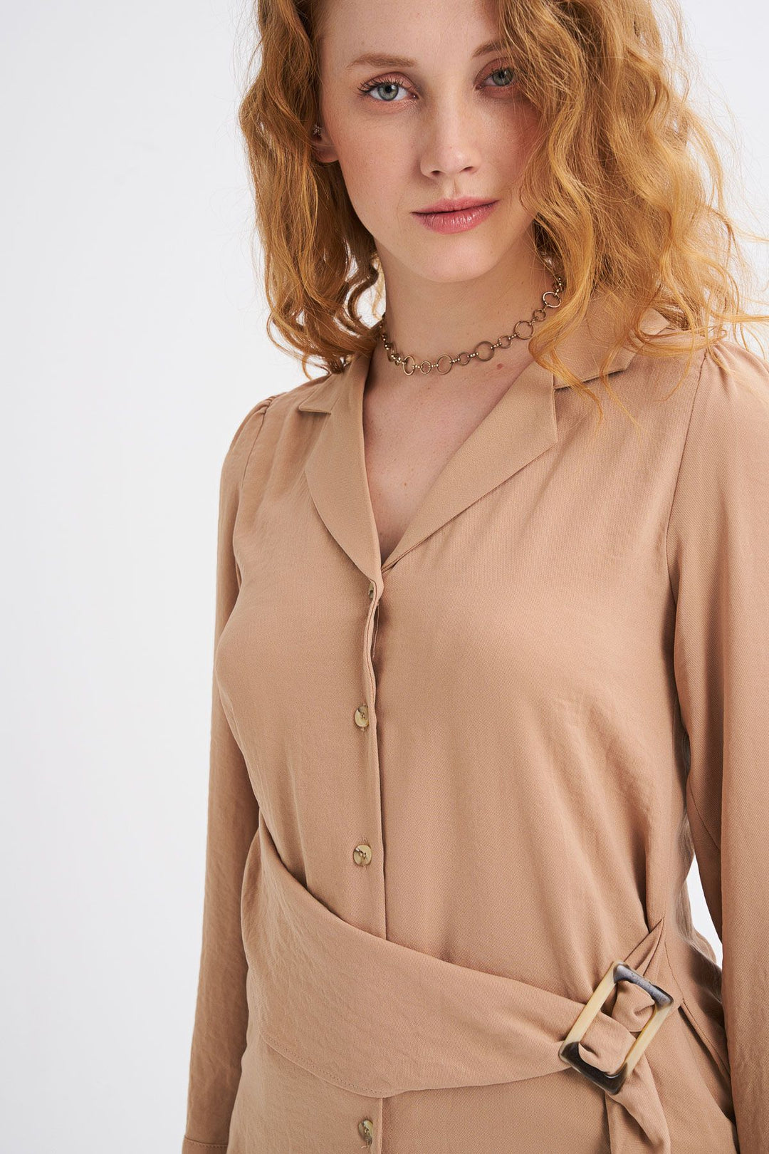 Camel Shirt with Belt Detail and Embroidery on the Back