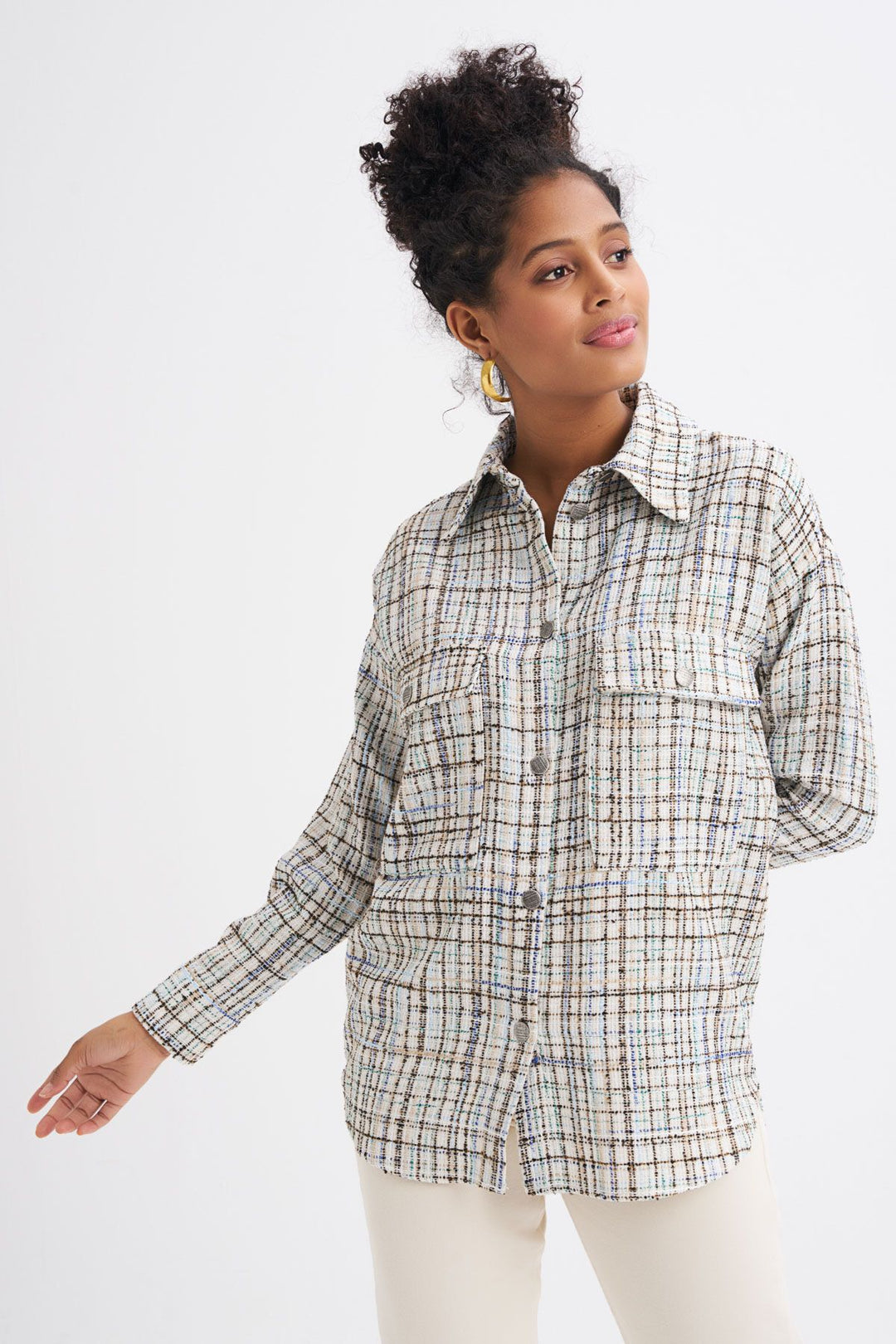 Tweed Pocketed Plaid Shirt Blue