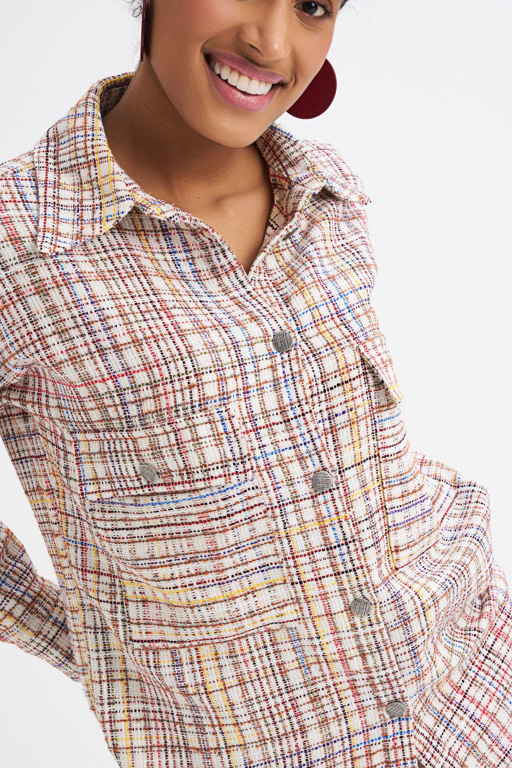 Tweed Pocketed Plaid Shirt Red