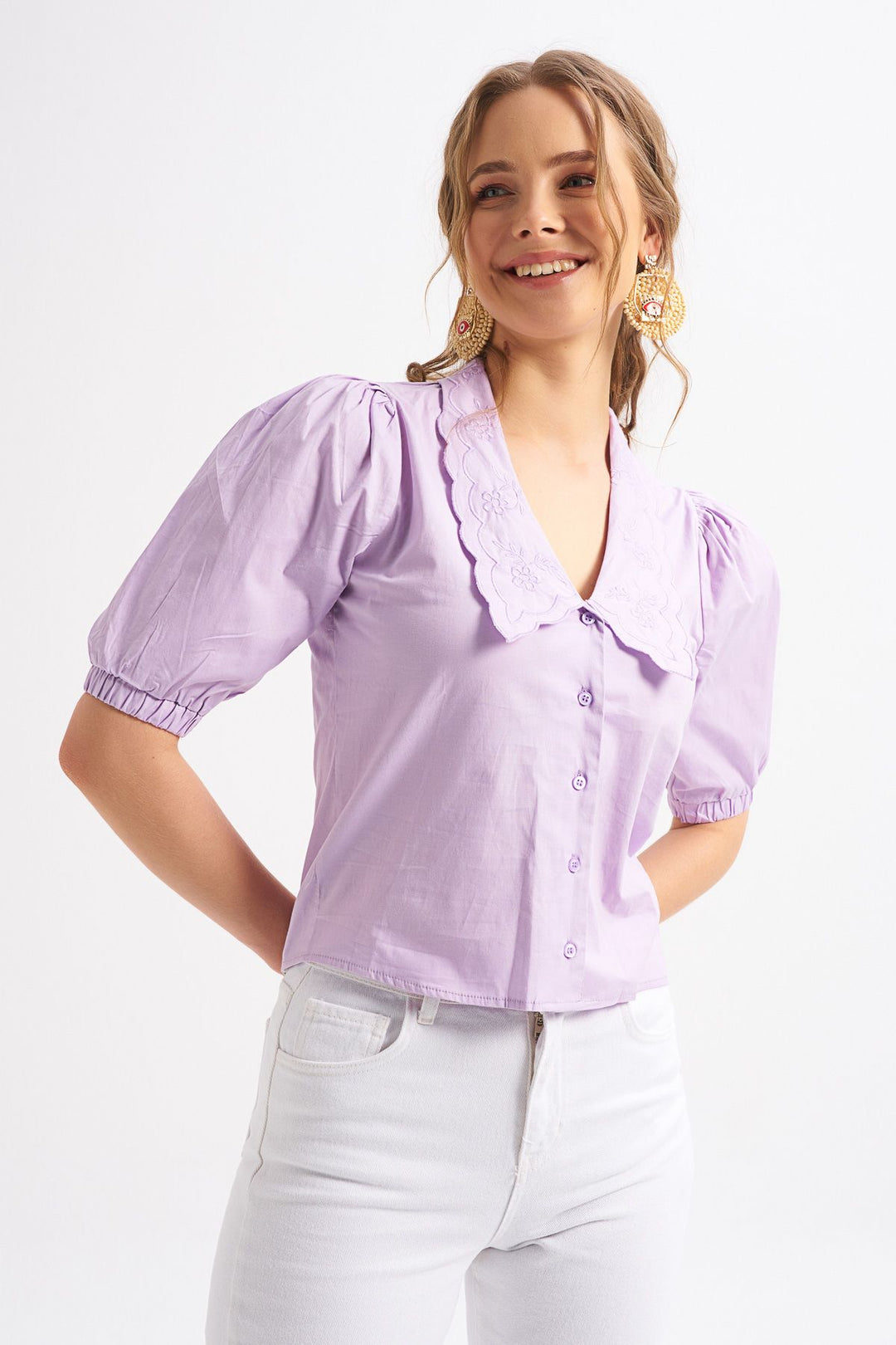 Shirt with Embroidered Collar Lilac
