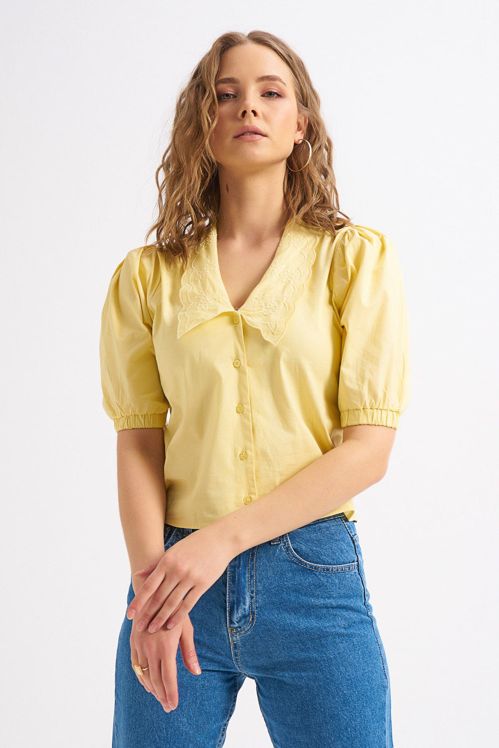 Yellow Shirt with Embroidered Collar