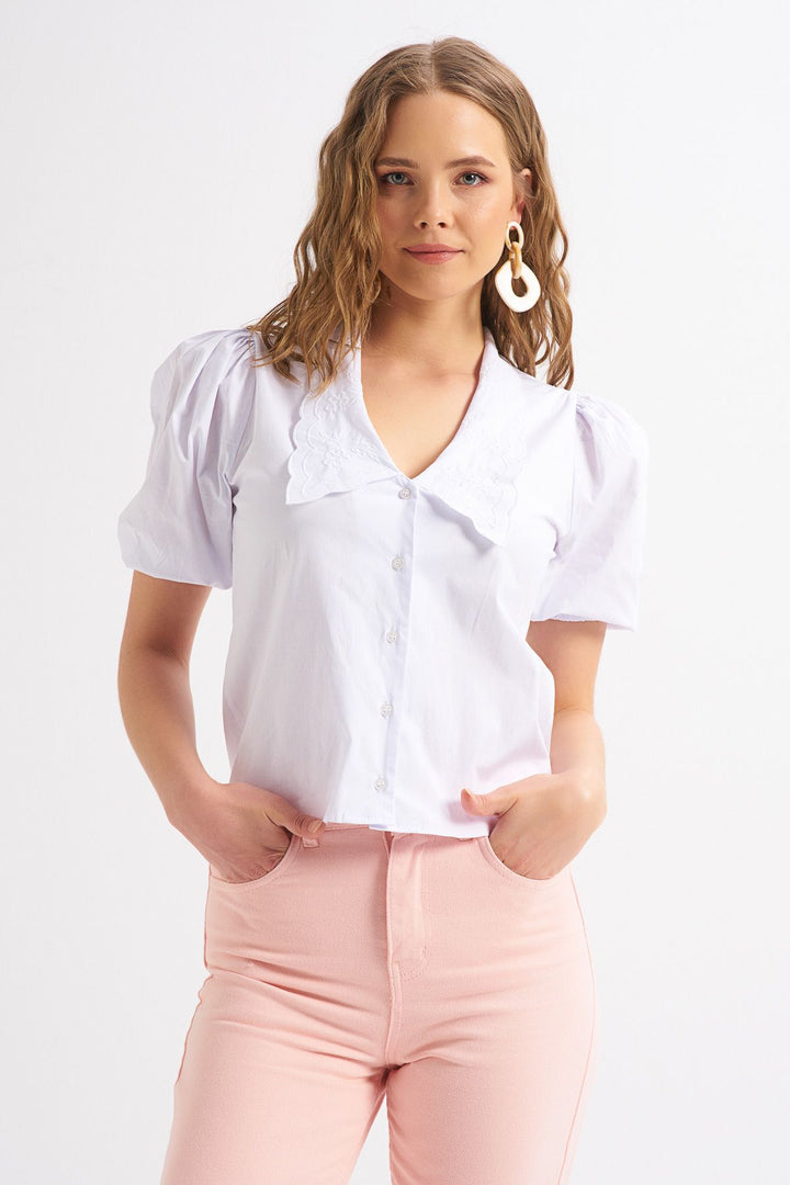 Embroidered Collar Shirt White