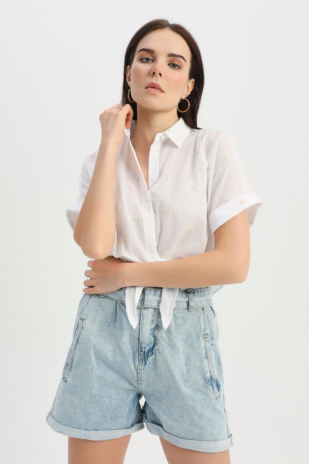 Front Tie Embroidered Shirt Beige