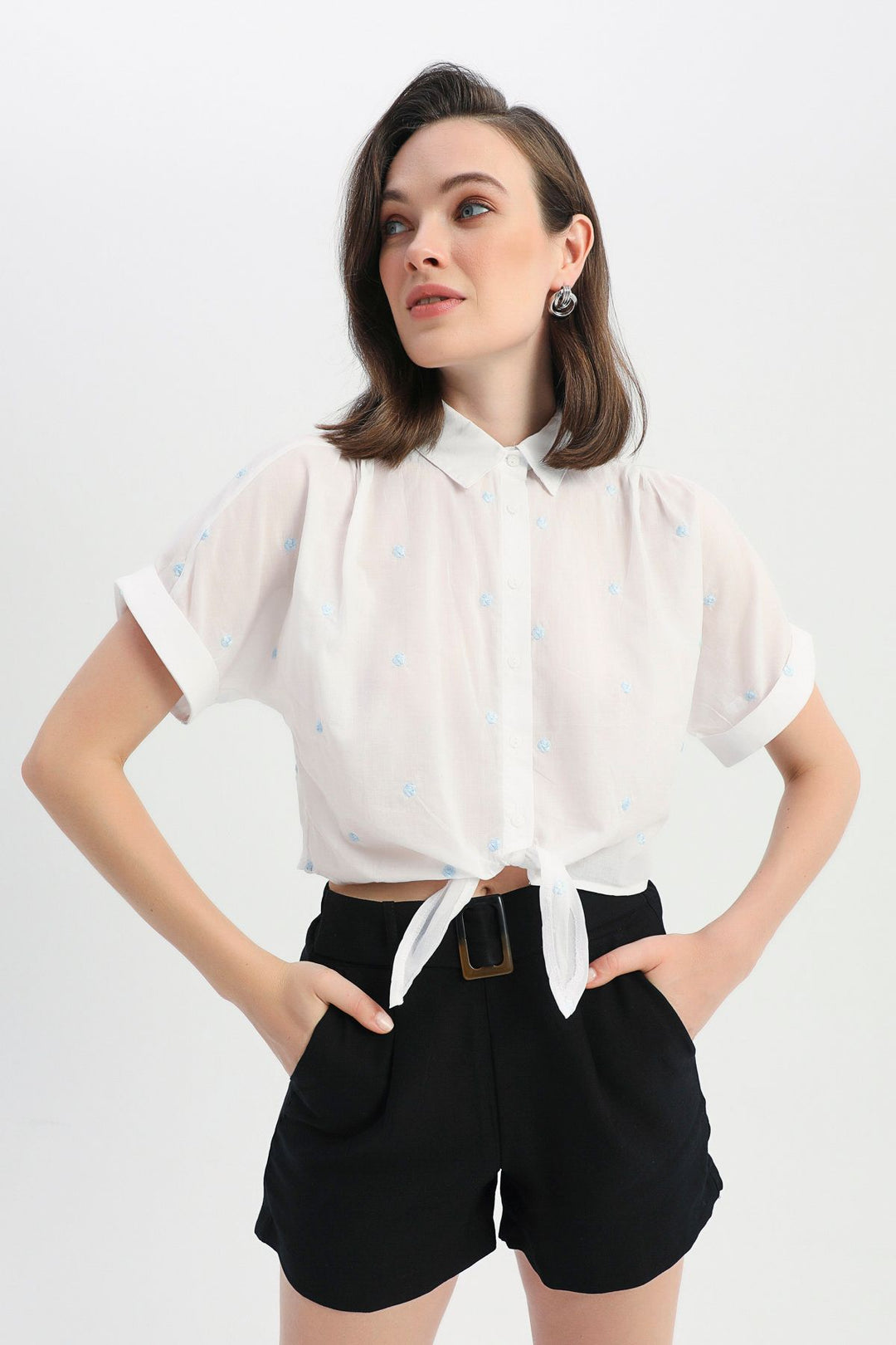 Front Tied Embroidered Shirt Baby Blue