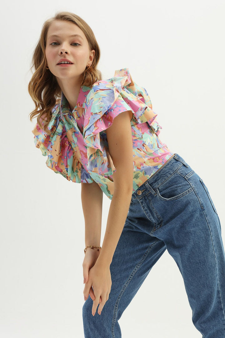 Patterned Frilly Shirt Light Blue