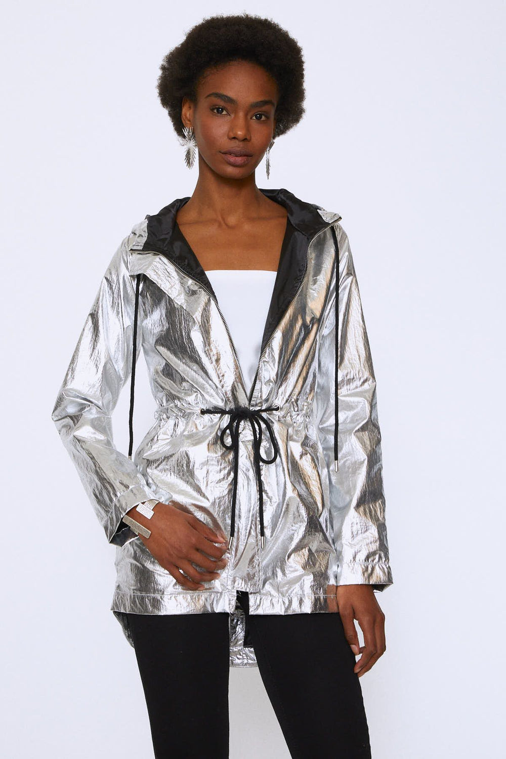Hooded Shiny Raincoat Silver