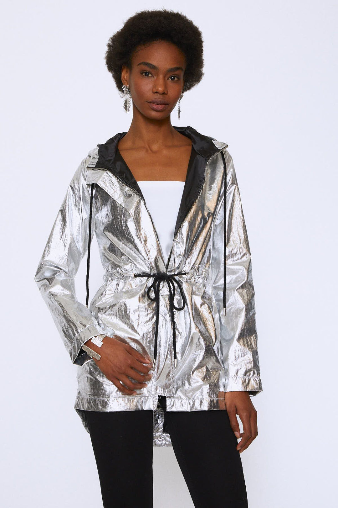 Hooded Shiny Raincoat Silver