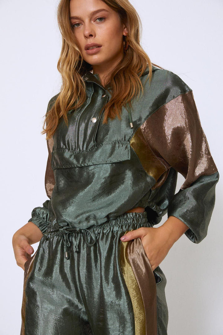 Hooded Shiny Sweatshirt Khaki