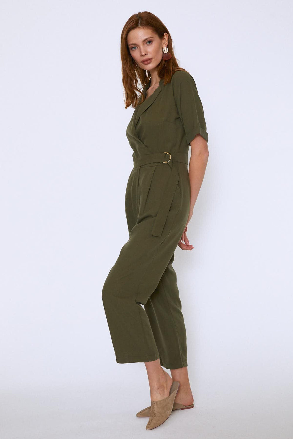 Side Tie V-neck Jumpsuit Khaki