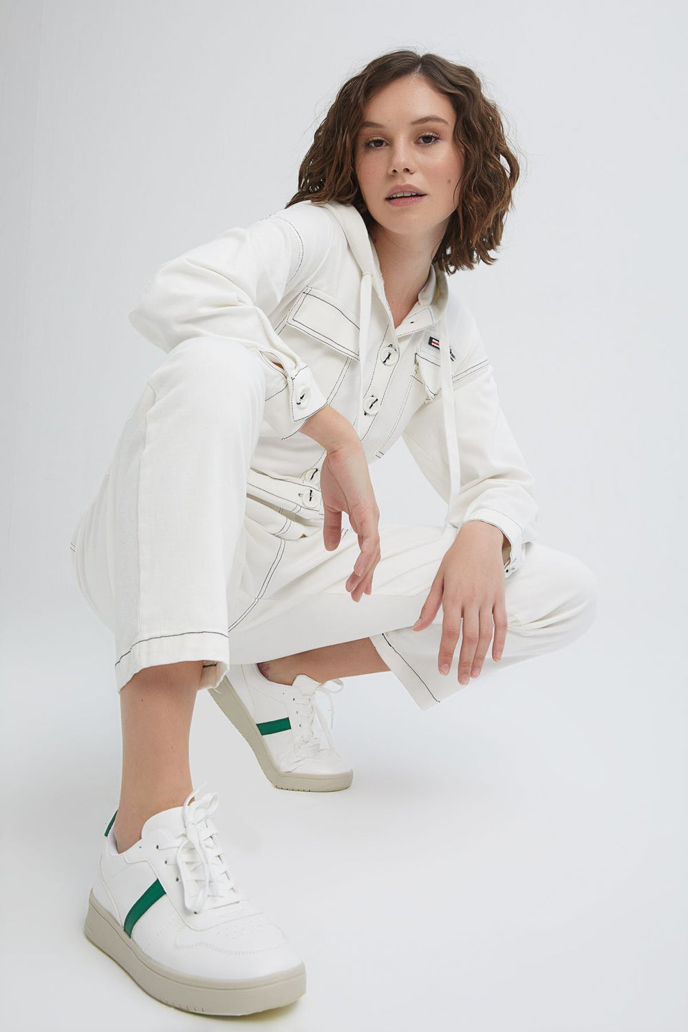 Hooded Button Front Pocket Detailed Jumpsuit White