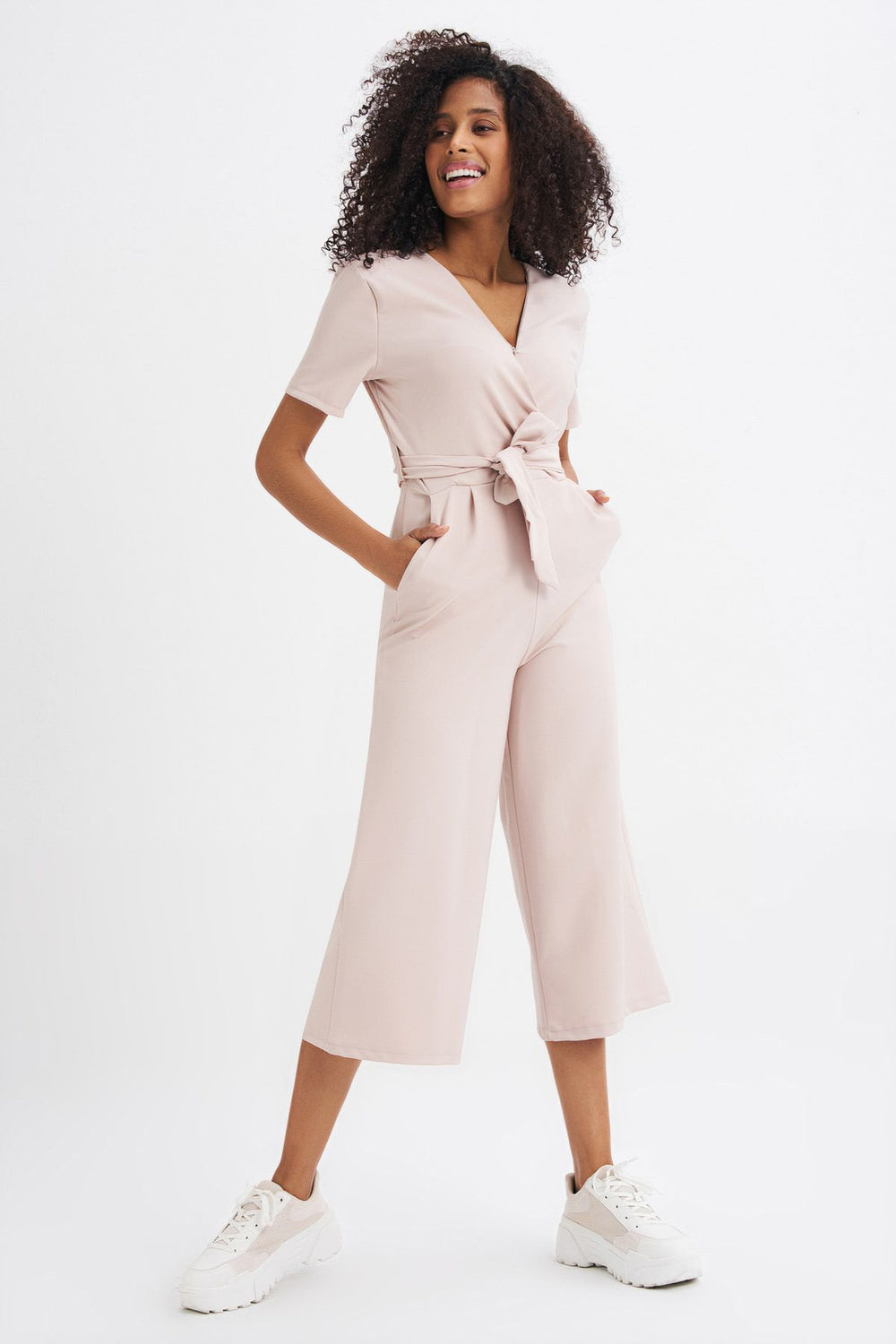 Double Breasted Waist Belted Jumpsuit Beige