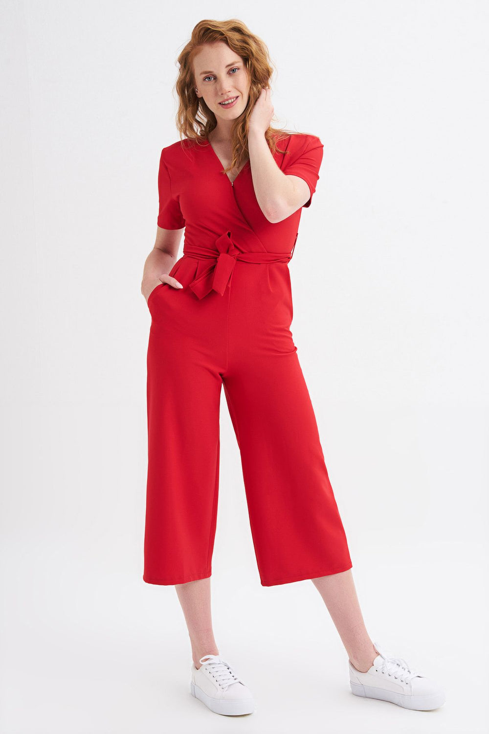 Double Breasted Waist Belted Jumpsuit Red