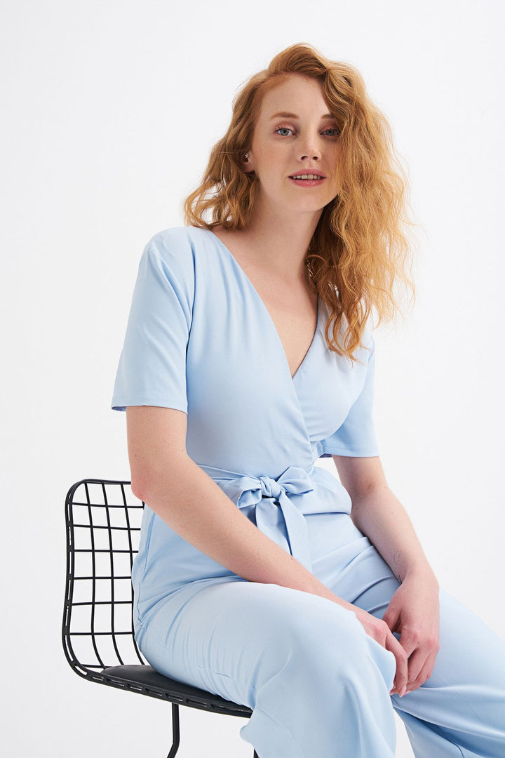 Kruvaze Beli Kuşaklı Tulum Bebe Mavi