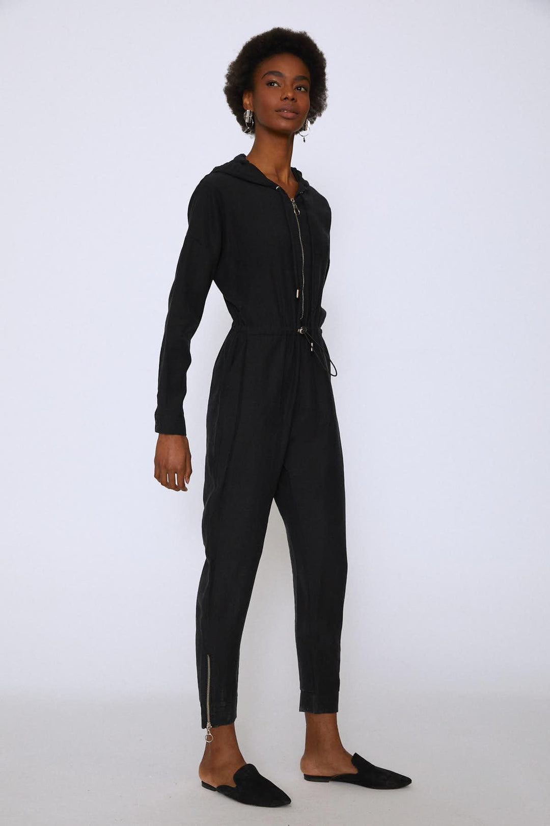 Zipper Front Hooded Jumpsuit Black