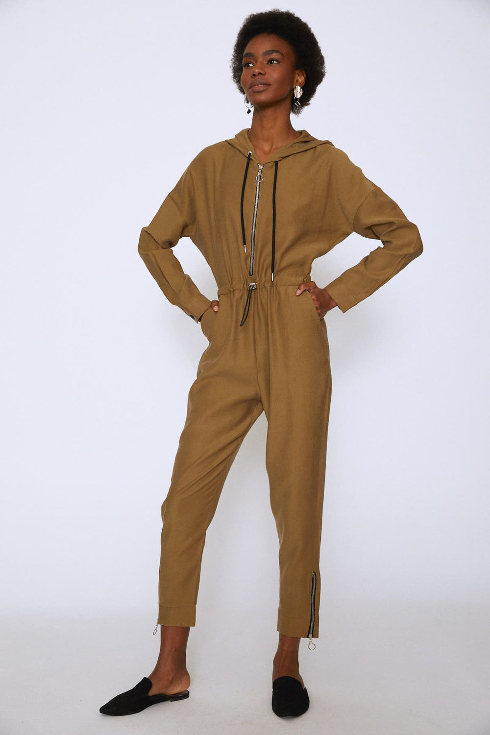 Zip Front Hooded Jumpsuit Khaki