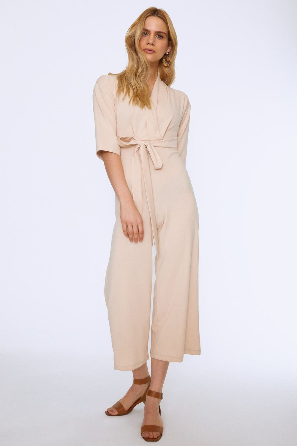 Belted Double Breasted Jumpsuit Beige