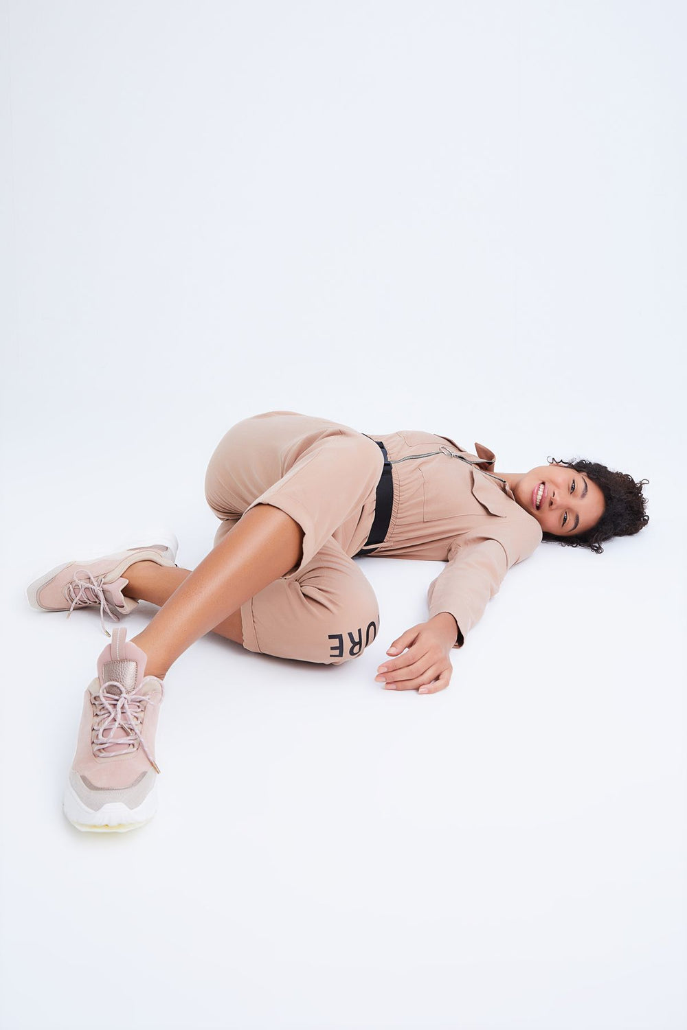 Belted Letter Detailed Jumpsuit Camel