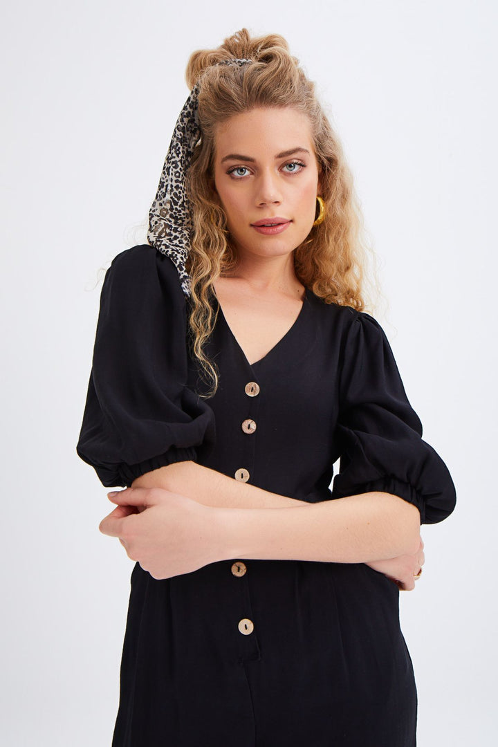 V Yaka Beli Kemerli Tulum Siyah