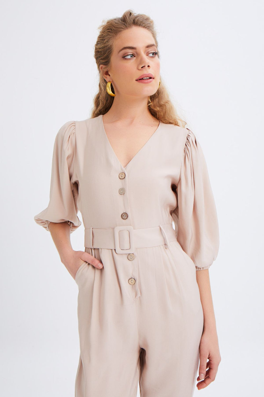V-Neck Waist Belted Jumpsuit Beige