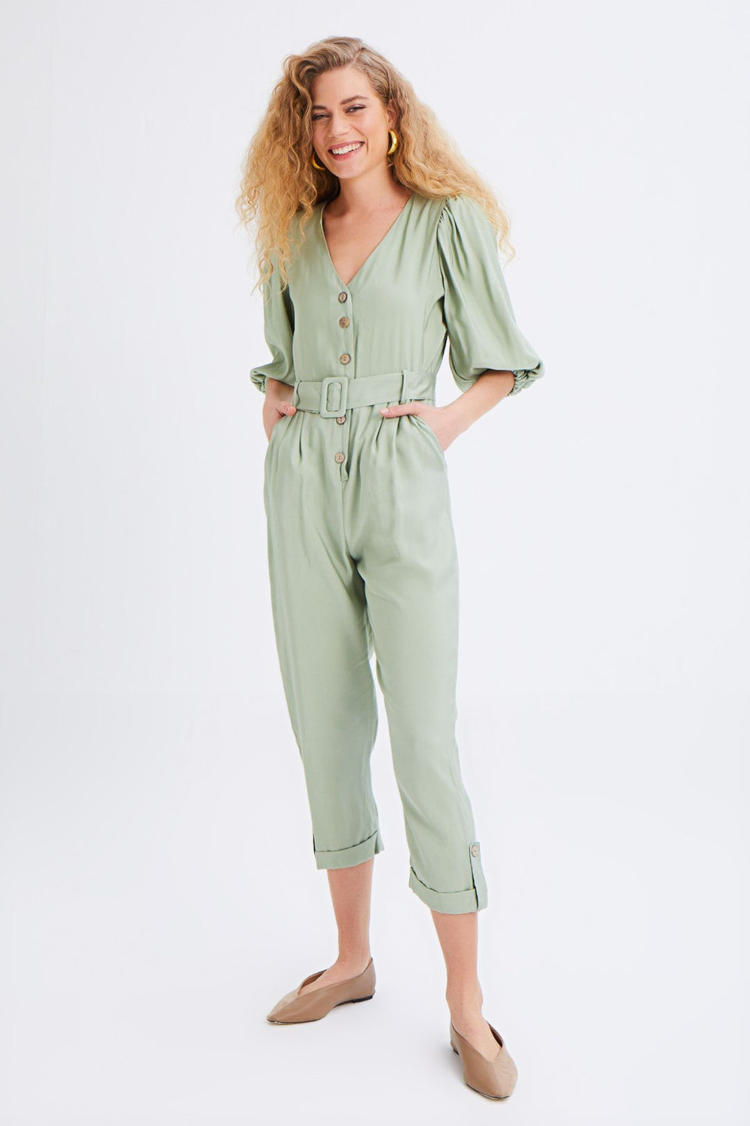 V Neck Waist Belted Jumpsuit Mint