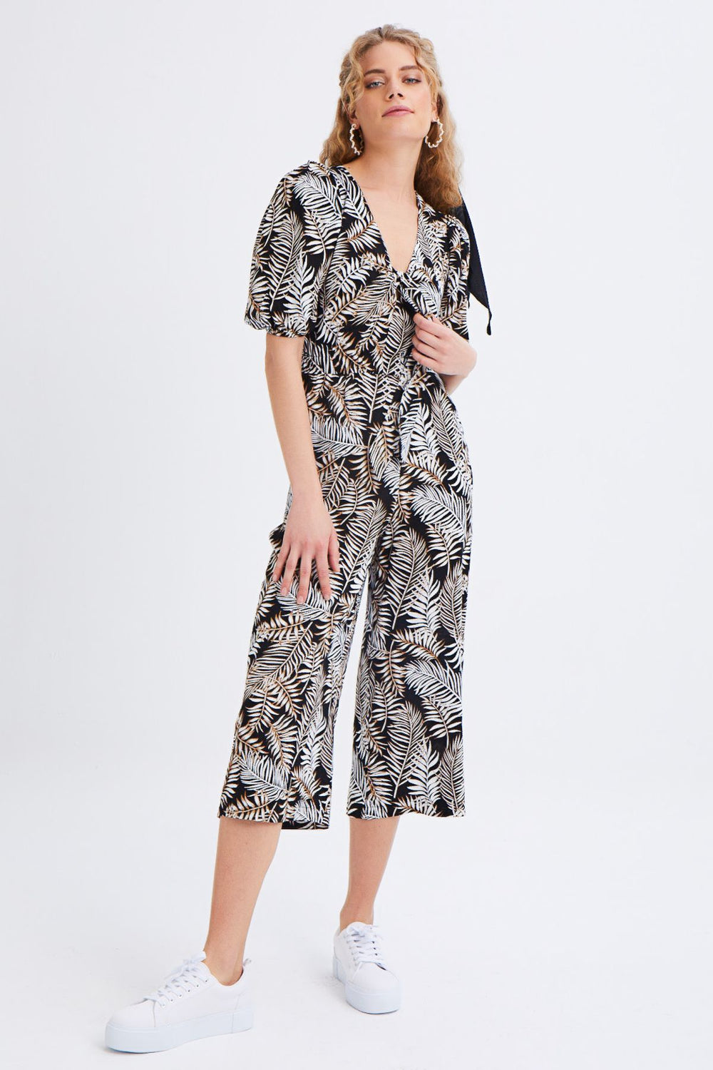 Tie Collar V-Neck Jumpsuit Black