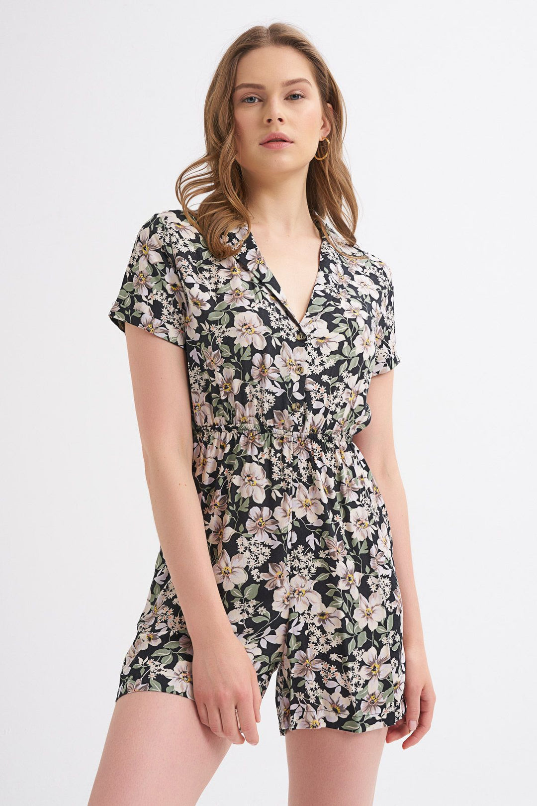 Patterned V-Neck Jumpsuit Black