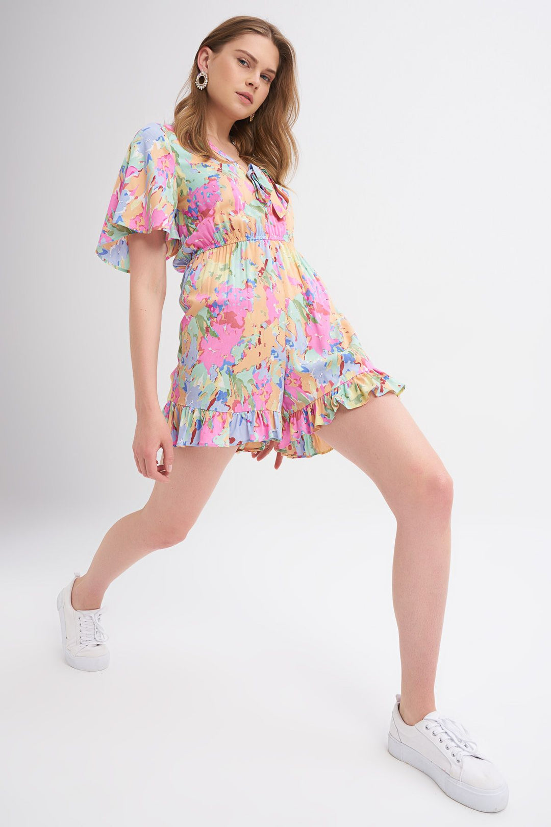 Patterned V-Neck Ruffle Detailed Jumpsuit Light Blue